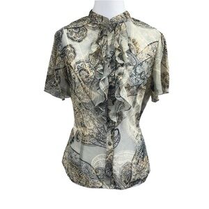 Axcess Sheer Ruffle Paisley High Neck Romantic Coquette Button Sheer Blouse Sz 8